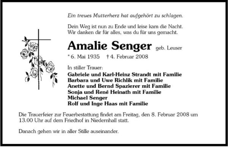  Traueranzeige für Amalie Senger vom 06.02.2008 aus 