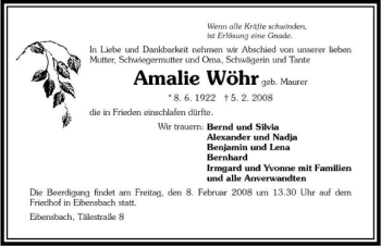 Traueranzeige von Amalie Wöhr 