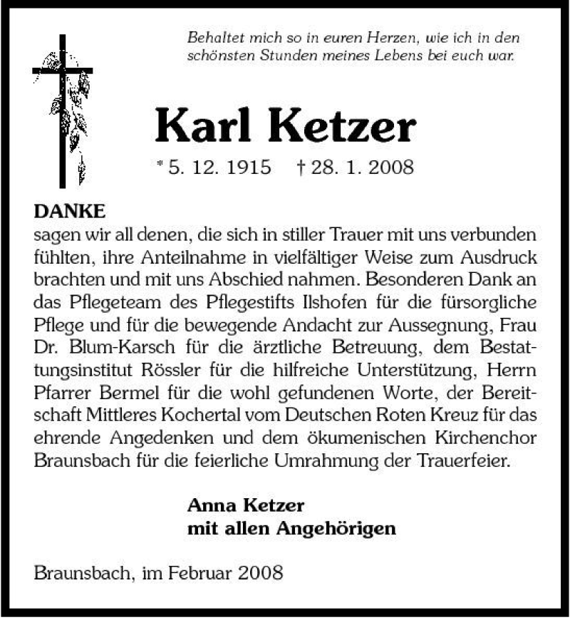 Traueranzeigen von Karl Ketzer | www.trauerundgedenken.de