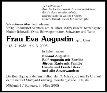 Traueranzeige von Frau Eva Augustin 