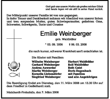 Traueranzeige von Emilie Weinberger 