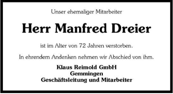 Traueranzeige von Manfred Dreier 