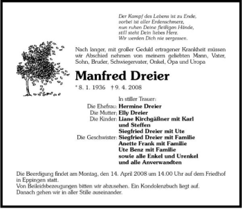 Traueranzeige von Manfred Dreier 