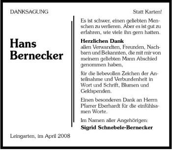 Traueranzeige von Hans Bernecker 