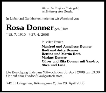 Traueranzeige von Rosa Donner 