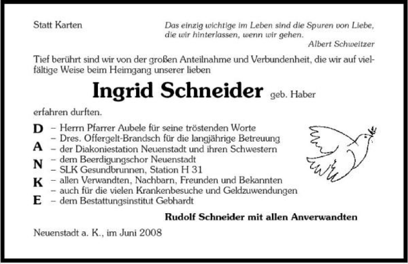 Traueranzeigen Von Ingrid Schneider Www Trauerundgedenken De