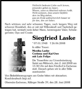 Traueranzeige von Siegfried Laske 