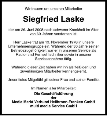 Traueranzeige von Siegfried Laske 