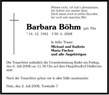 Traueranzeige von Barbara Böhm 