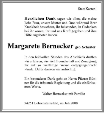 Traueranzeige von Margarete Bernecker 