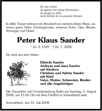 Traueranzeige von Peter Klaus Sander 