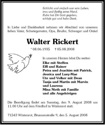 Traueranzeige von Walter Rickert 