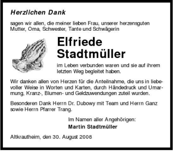 Traueranzeige von Elfriede Stadtmüller 