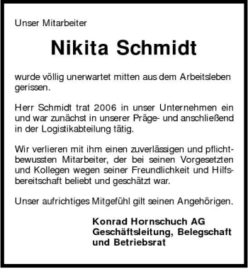 Traueranzeige von Nikita Schmidt 