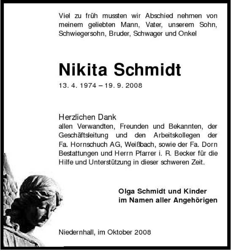  Traueranzeige für Nikita Schmidt vom 04.10.2008 aus 