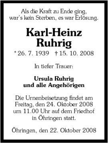 Traueranzeige von Karl-Heinz Ruhrig 