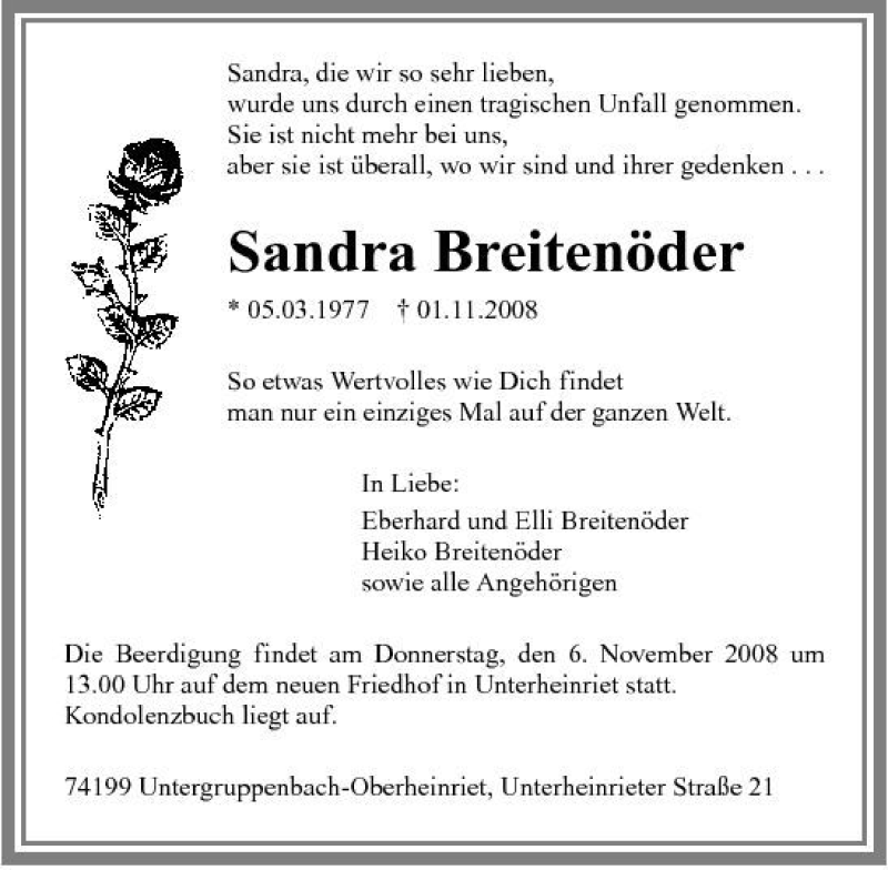  Traueranzeige für Sandra Breitenöder vom 04.11.2008 aus 