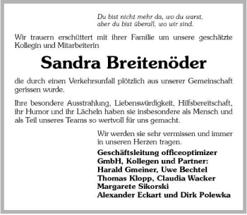 Traueranzeige von Sandra Breitenöder 