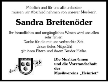 Traueranzeige von Sandra Breitenöder 