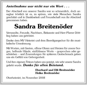 Traueranzeige von Sandra Breitenöder 