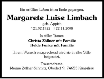 Traueranzeige von Margarete Limbach 