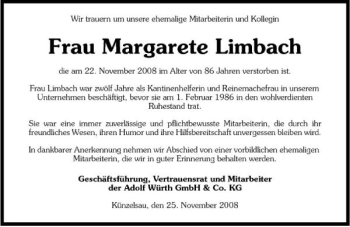 Traueranzeige von Margarete Limbach 