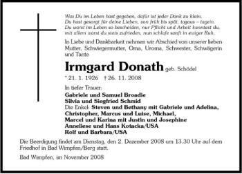 Traueranzeige von Donath Irmgard 