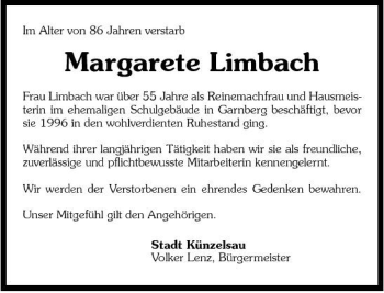 Traueranzeige von Margarete Limbach 