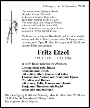 Traueranzeige von Etzel Fritz 