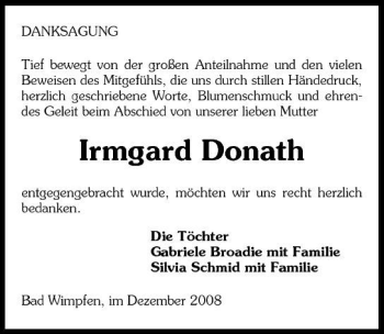 Traueranzeige von Irmgard Donath 