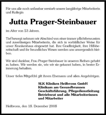 Traueranzeige von Jutta Prager-Steinbauer 