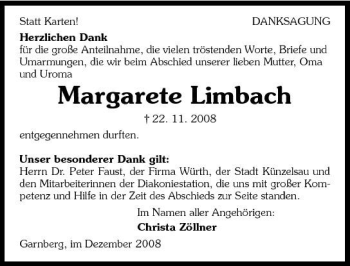 Traueranzeige von Margarete Limbach 