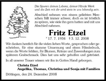 Traueranzeige von Fritz Etzel 