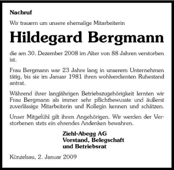 Traueranzeige von Hildegard Bergmann 