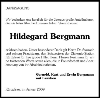 Traueranzeige von Hildegard Bergmann 