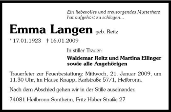 Traueranzeige von Emma Langen 