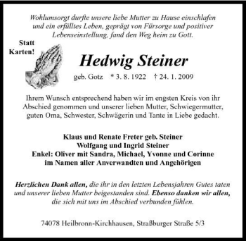 Traueranzeige von Hedwig Steiner 
