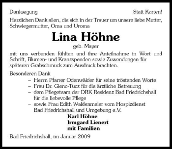 Traueranzeige von Lina Höhne 