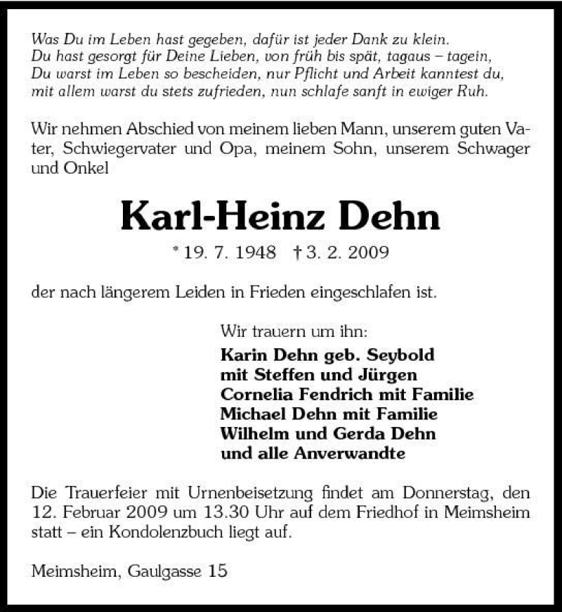  Traueranzeige für Karl-Heinz Dehn vom 09.02.2009 aus 