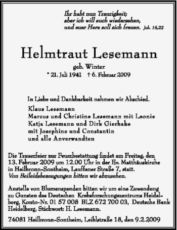 Traueranzeige von Helmtraut Lesemann 