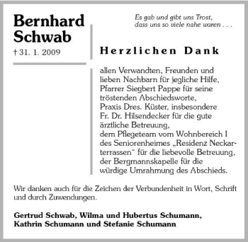 Traueranzeige von Bernhard Schwab 