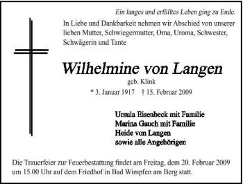 Traueranzeige von Wilhelmine von Langen 