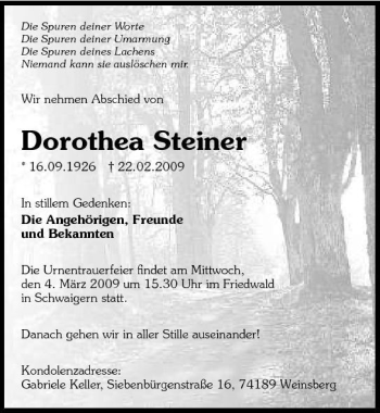 Traueranzeige von Dorothea Steiner 