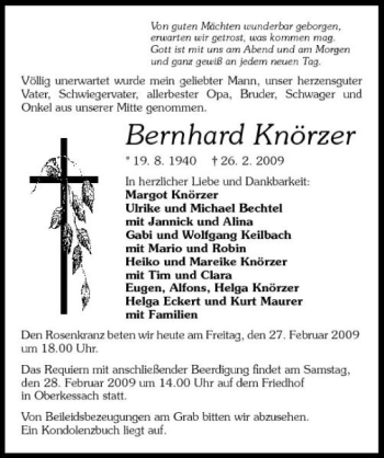 Traueranzeige von Bernhard Knörzer 