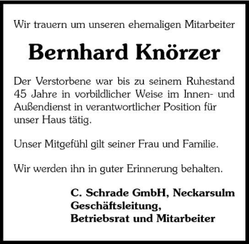 Traueranzeige von Bernhard Knörzer 