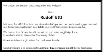 Traueranzeige von Rudolf Ettl 