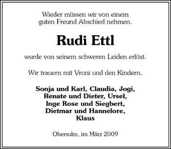 Traueranzeige von Rudi Ettl 