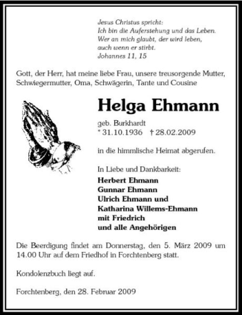 Traueranzeige von Helga Ehmann 