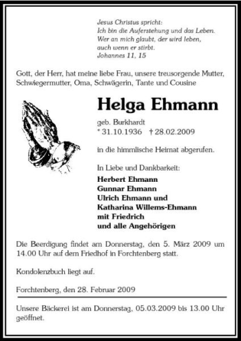 Traueranzeige von Helga Ehmann 