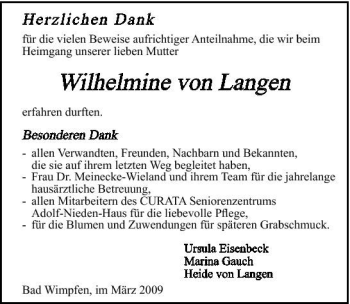 Traueranzeige von Wilhelmine von Langen 